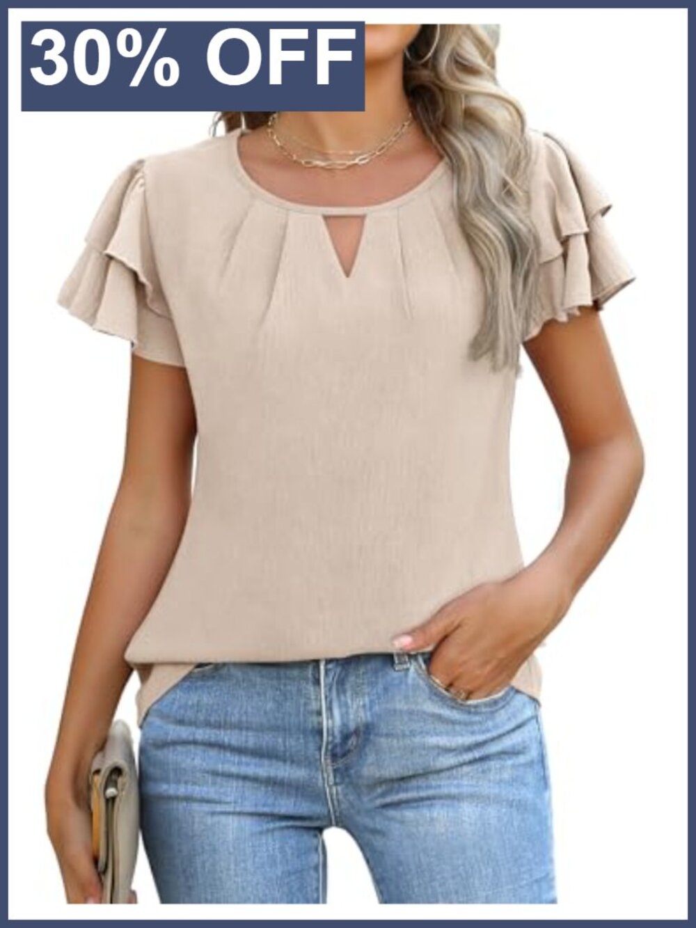 Womens Pleated Ruffle Sleeve Business Casual Work Blouse Tunic Top